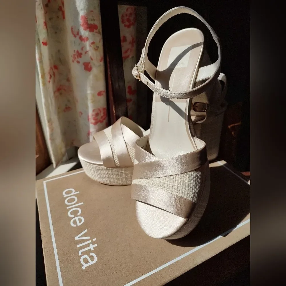 Dolce Vita Bailey Cream Satin Platform Sandals Raffia Block Heel Ankle Strap10